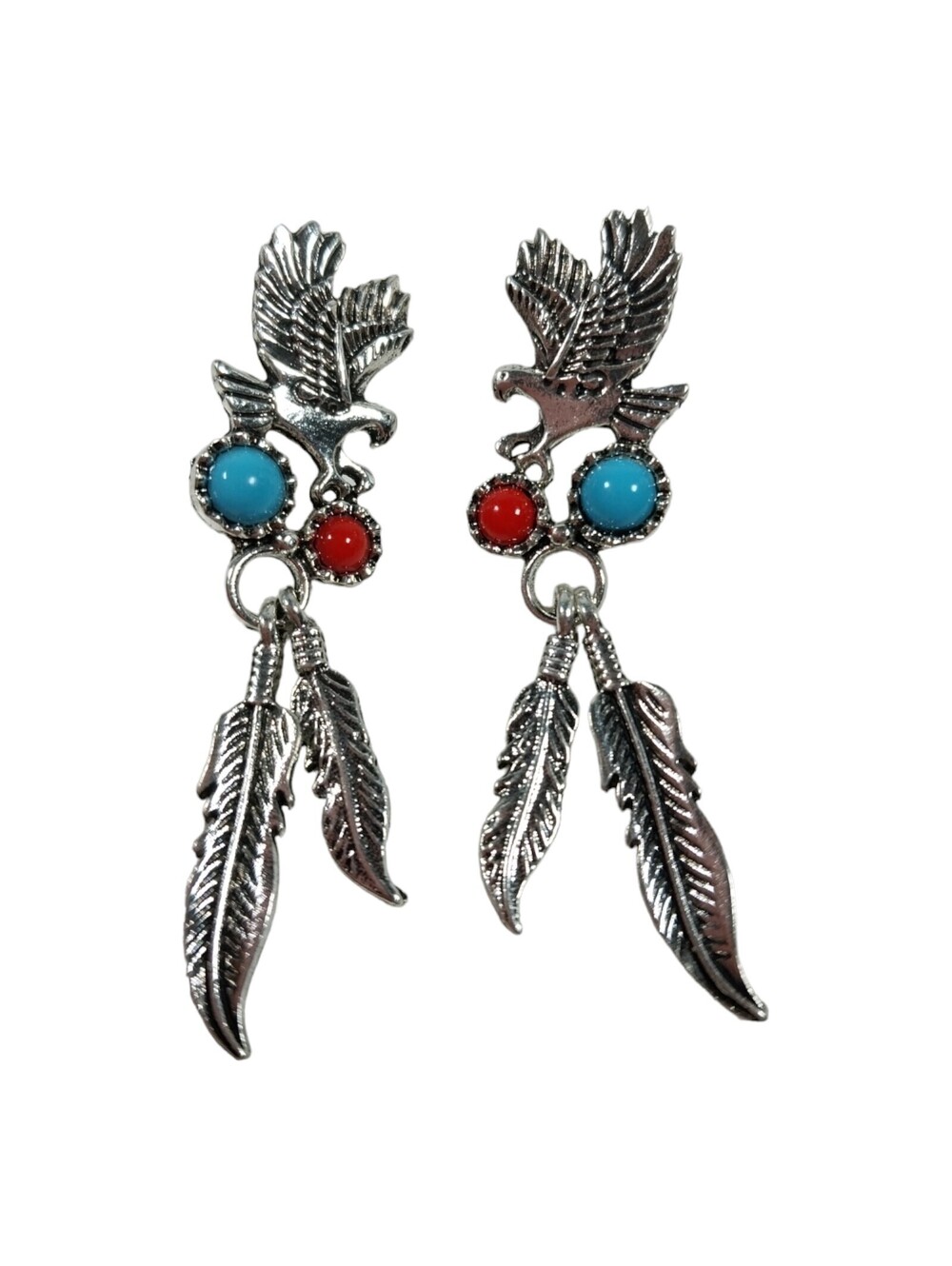 Southwestern Eagle Faux Turquoise Coral Feather Dangle Silver Tone Earrings 2"